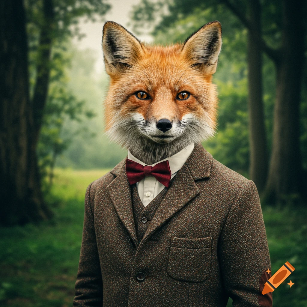 A photorealistic image of a fox wearing a tweed suit and a red bow tie, standing in a forest.