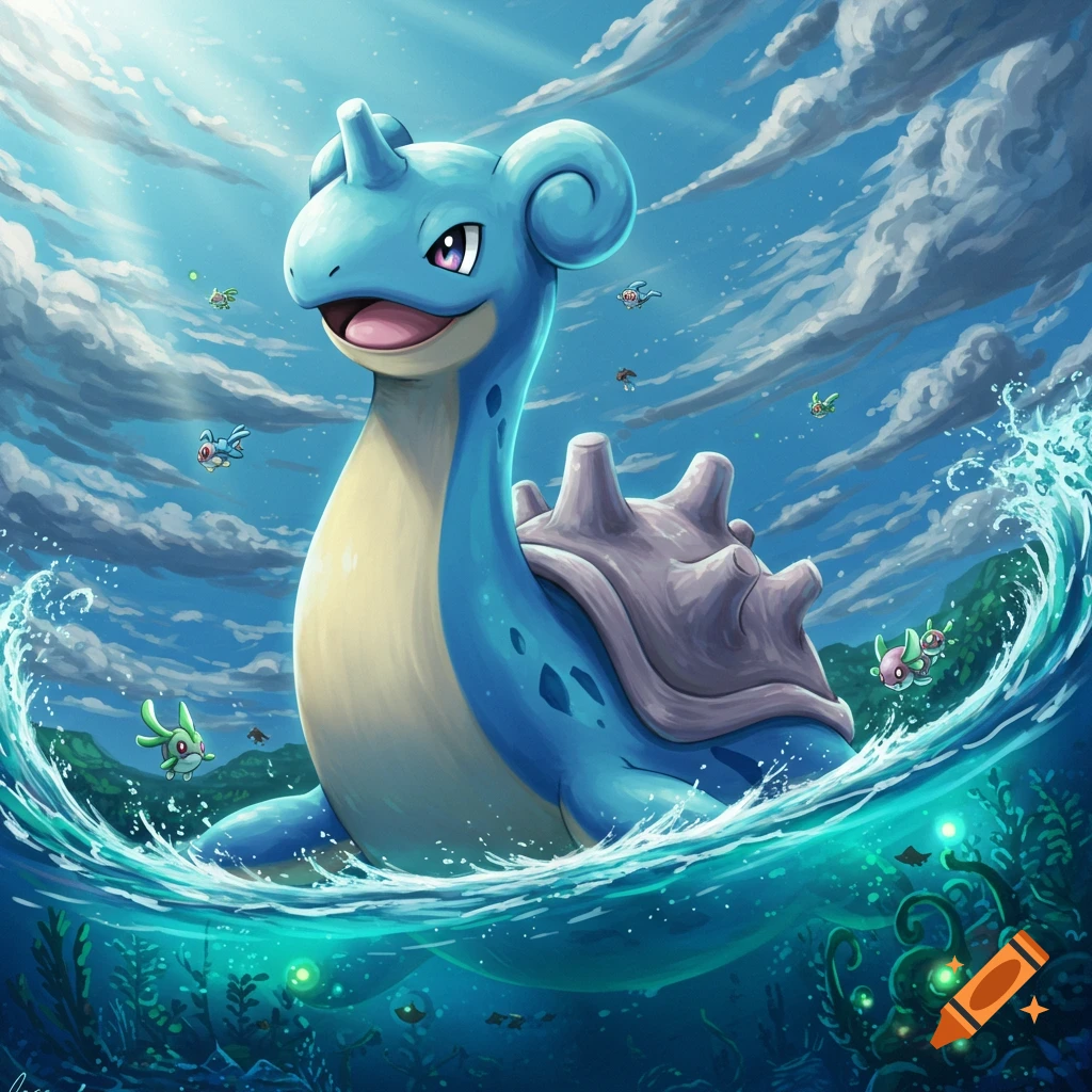 A large blue Lapras swimming in the ocean, its head and shell above the water with smaller fish around.