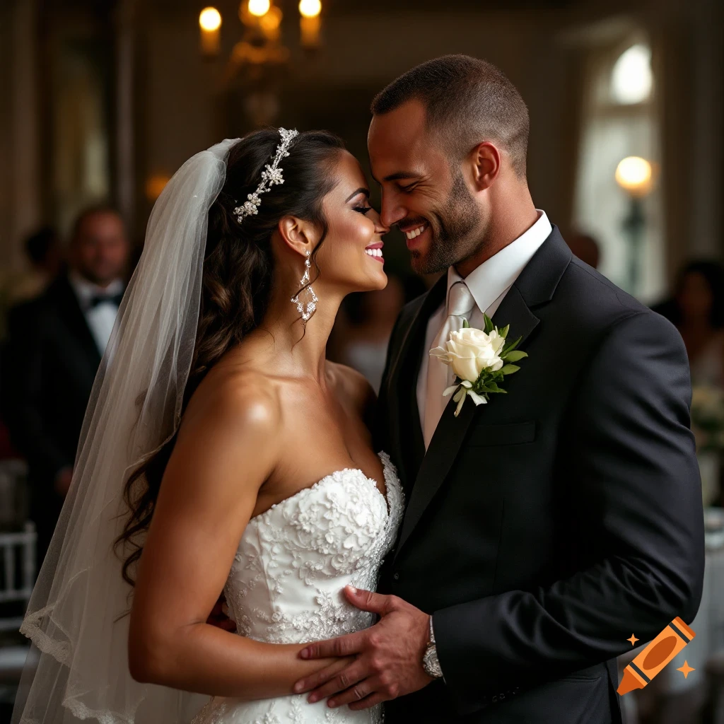 A photorealistic image of a bride and groom embracing at a wedding.