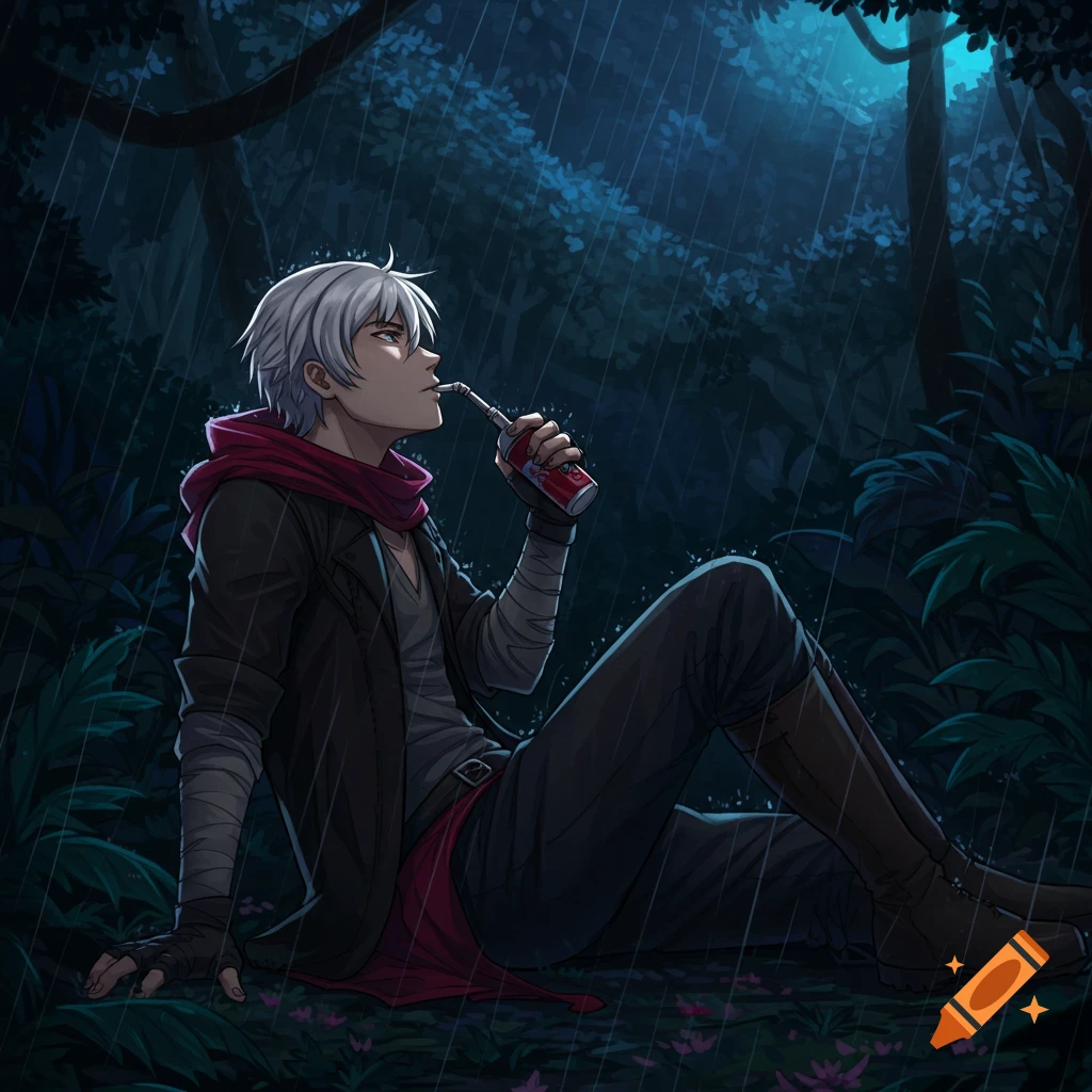 A white-haired character in a rainforest, sitting in the rain and drinking from a soda can.