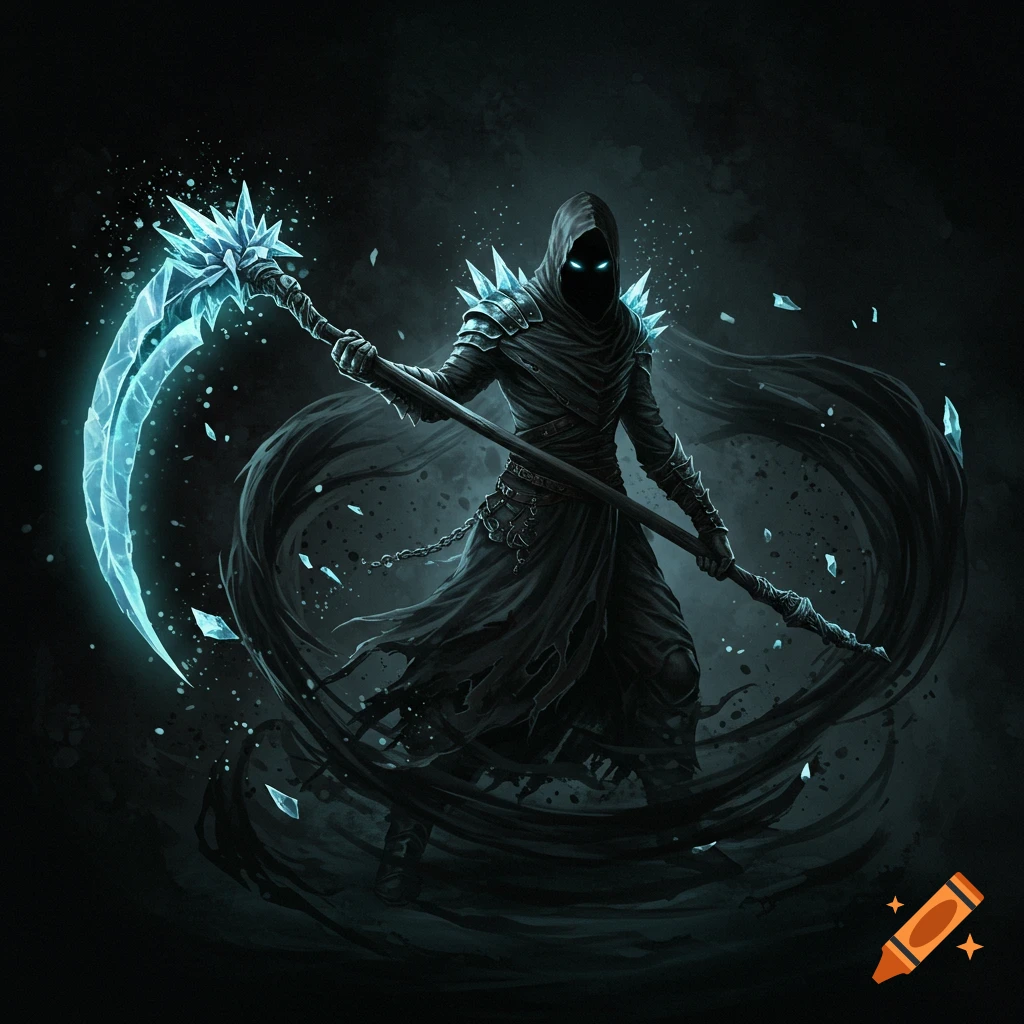 A shadowy figure in a dark cloak holds a glowing ice scythe, surrounded by dark magic and ice shards.