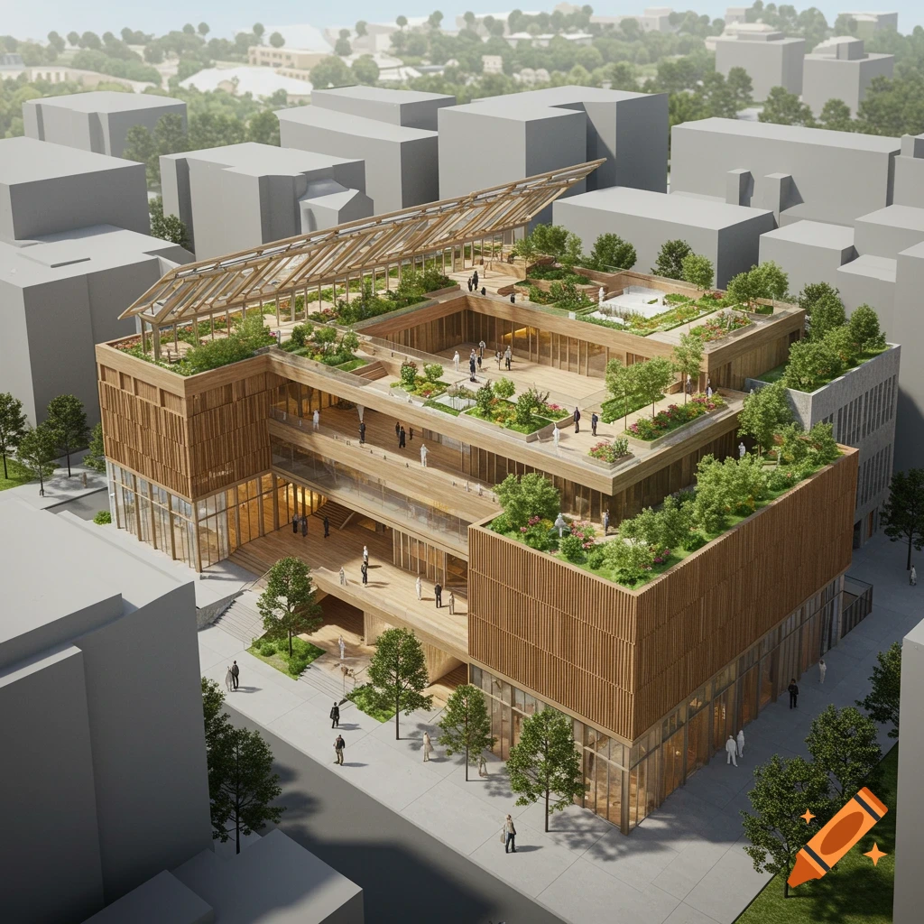 Architectural rendering of a multi-story building with wooden and glass facades, outdoor terraces, and rooftop gardens.