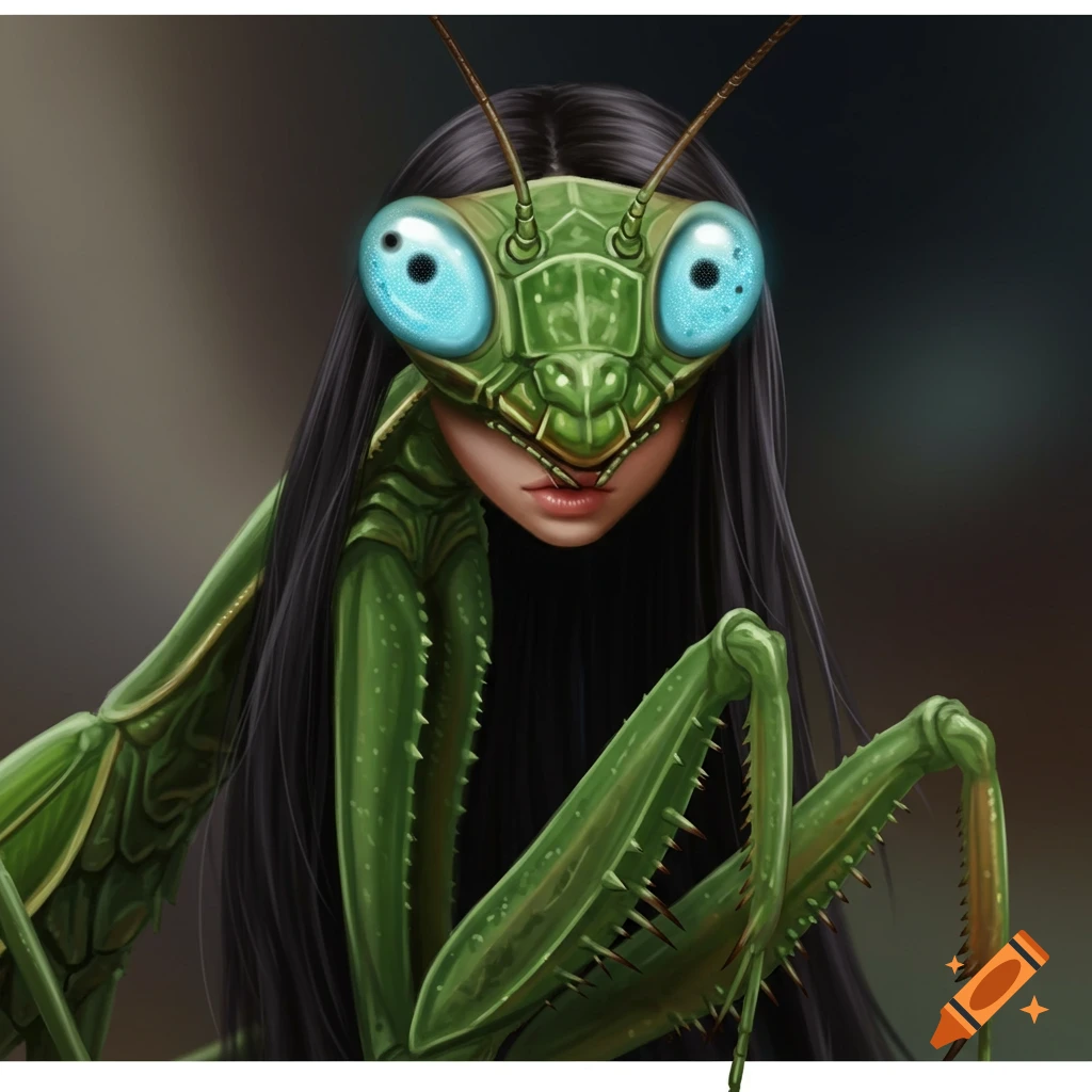 Close-up of a praying mantis creature with a human female face and long black hair, anime style.
