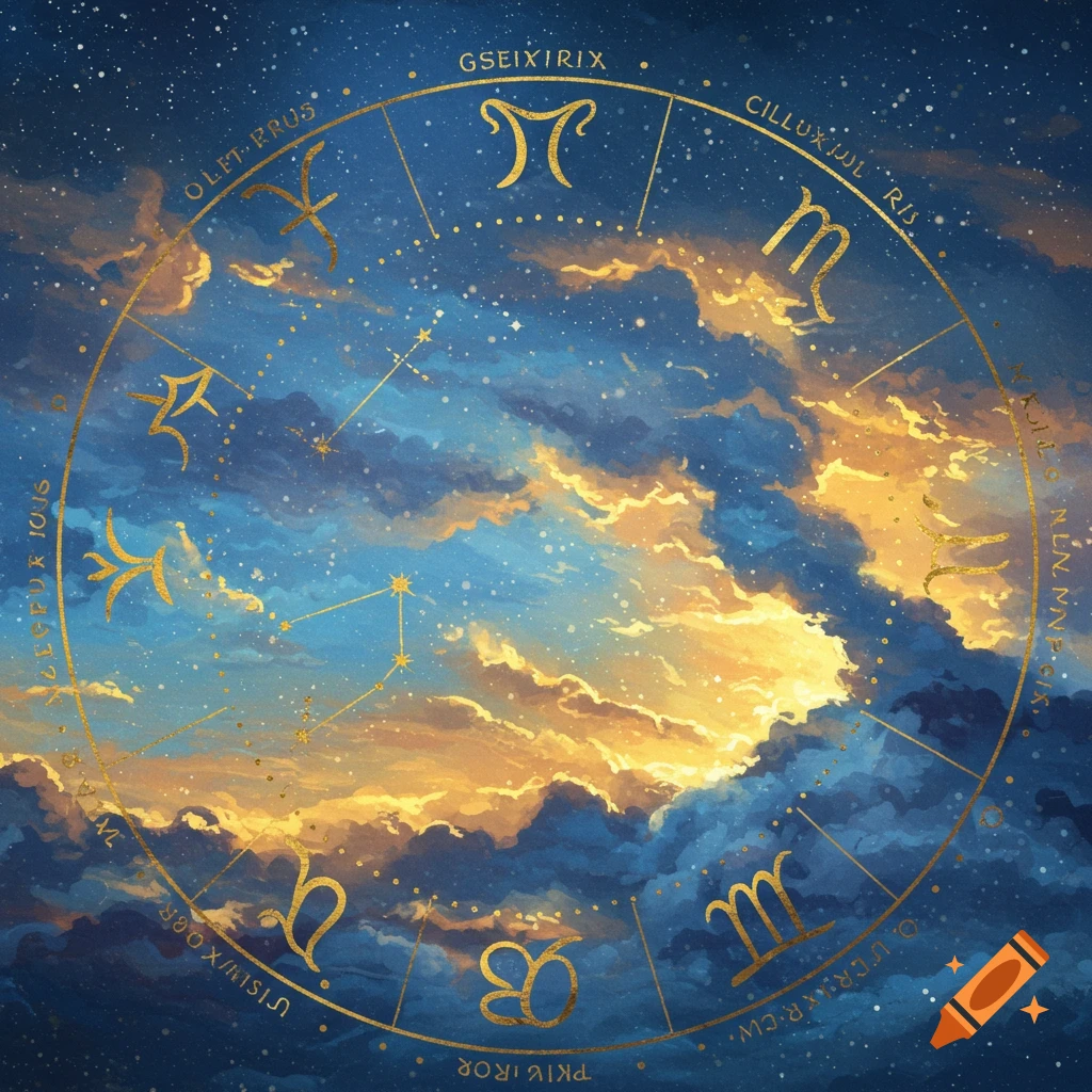 Celestial sky with clouds, stars, and a gold astrological wheel showing zodiac symbols.