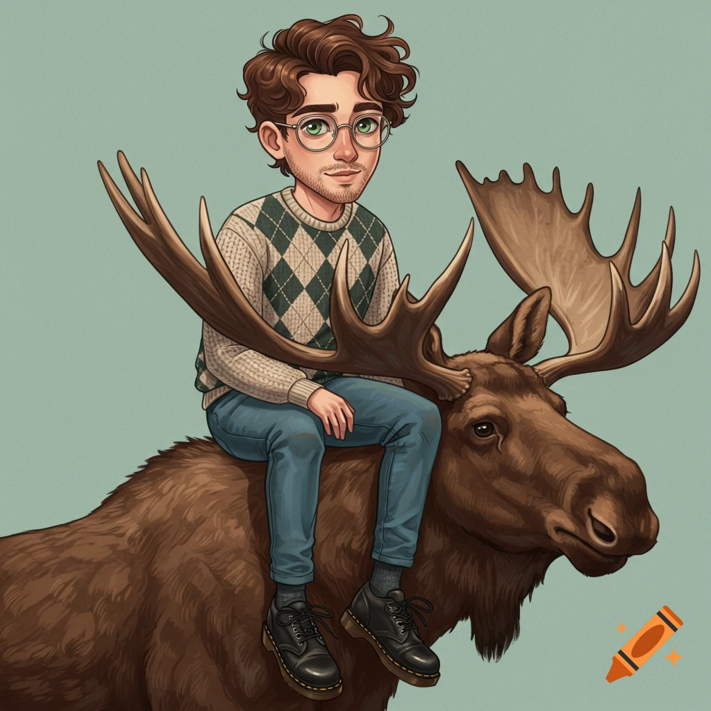A young man with glasses and an argyle sweater riding on the back of a moose.