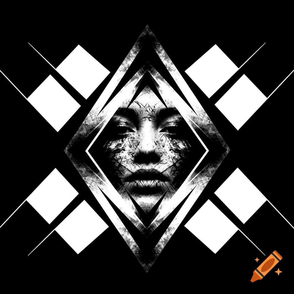 Black and white abstract portrait with textured face inside a geometric diamond pattern.