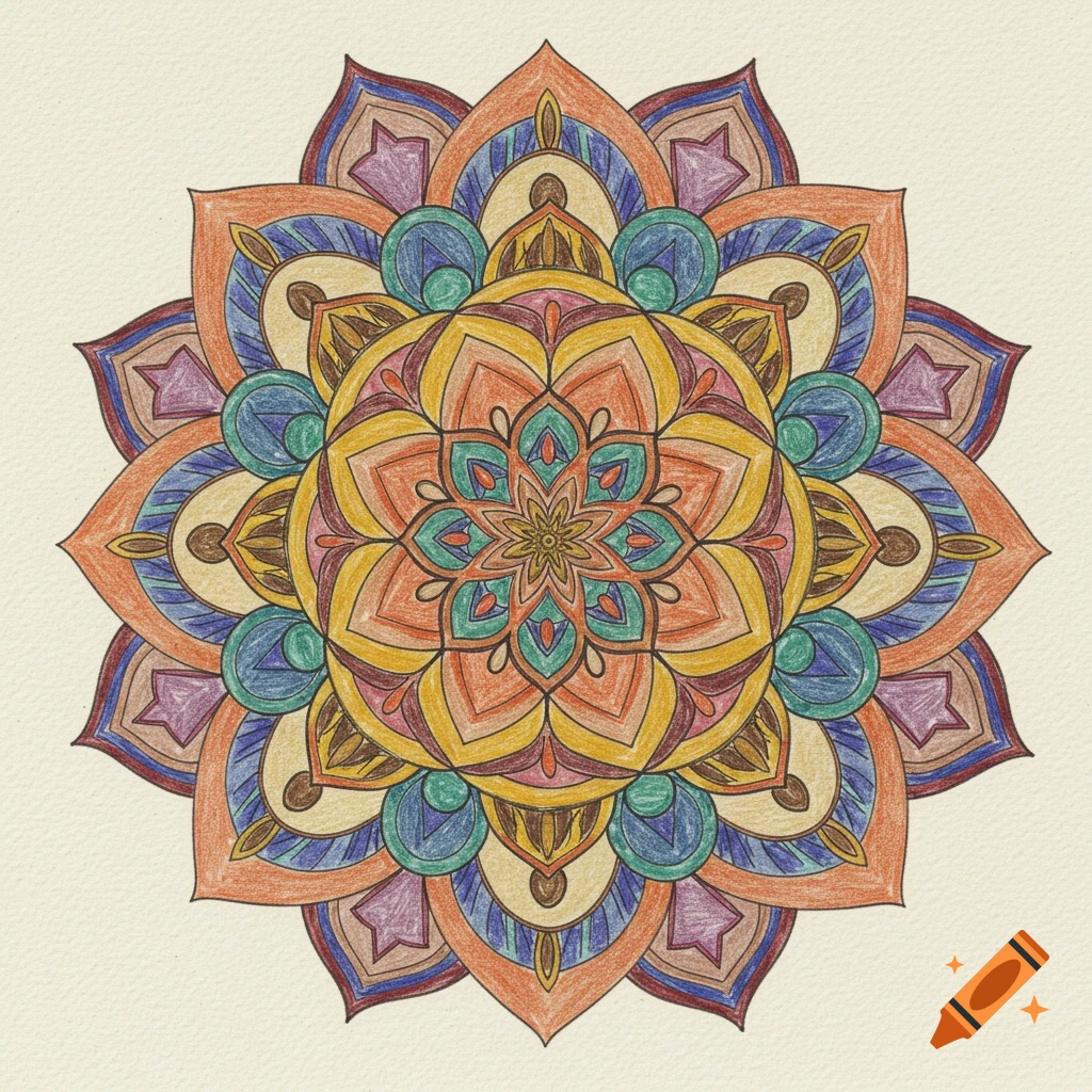 A colorful mandala drawing in colored pencil style on textured paper.