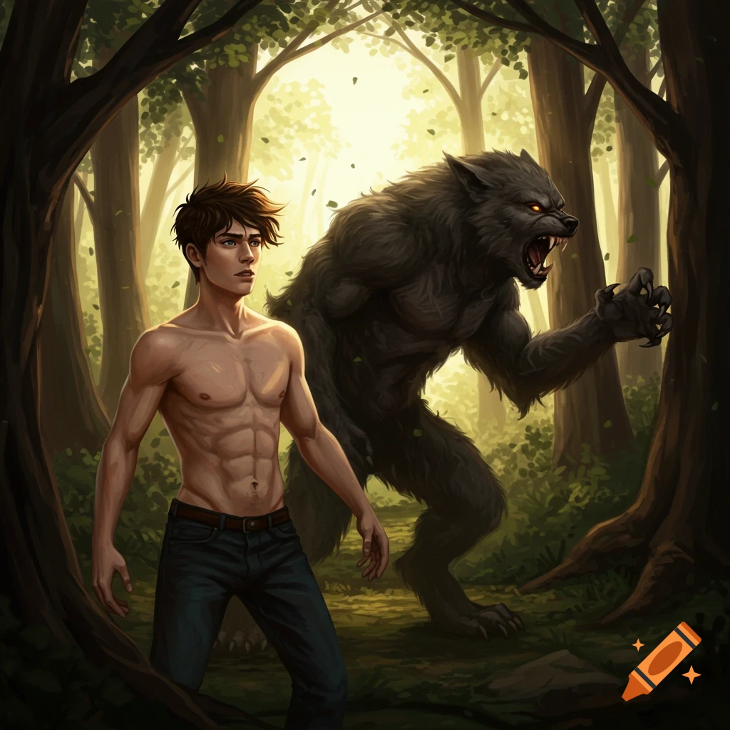 A shirtless man and a werewolf in a forest