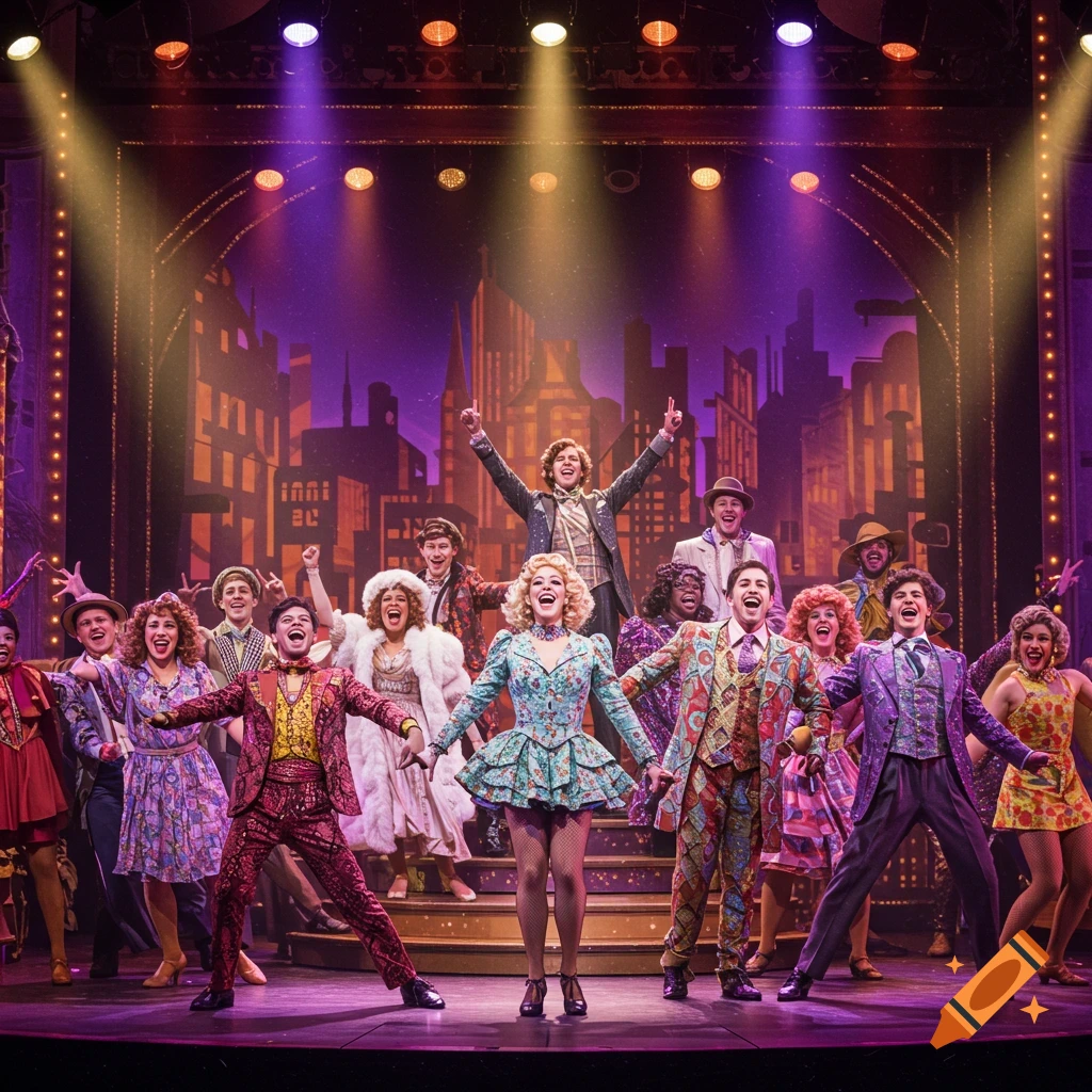 A large cast performs on a brightly lit Broadway musical stage with a cityscape backdrop.