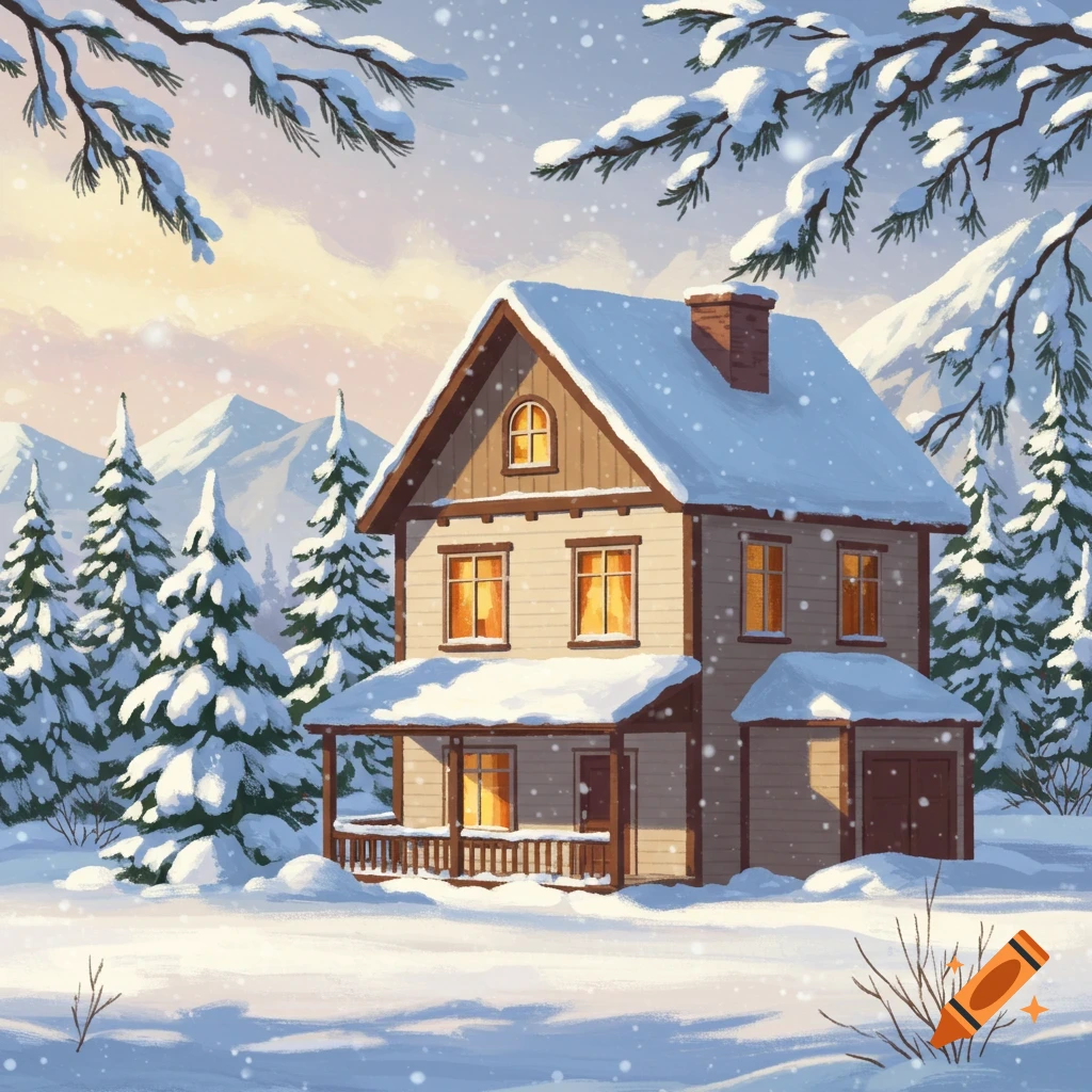 A cozy house in a snowy winter landscape.