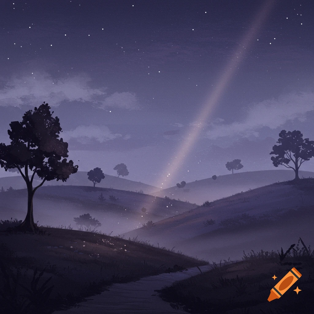 A dark, misty landscape at night featuring hills, trees, stars, and a light beam.