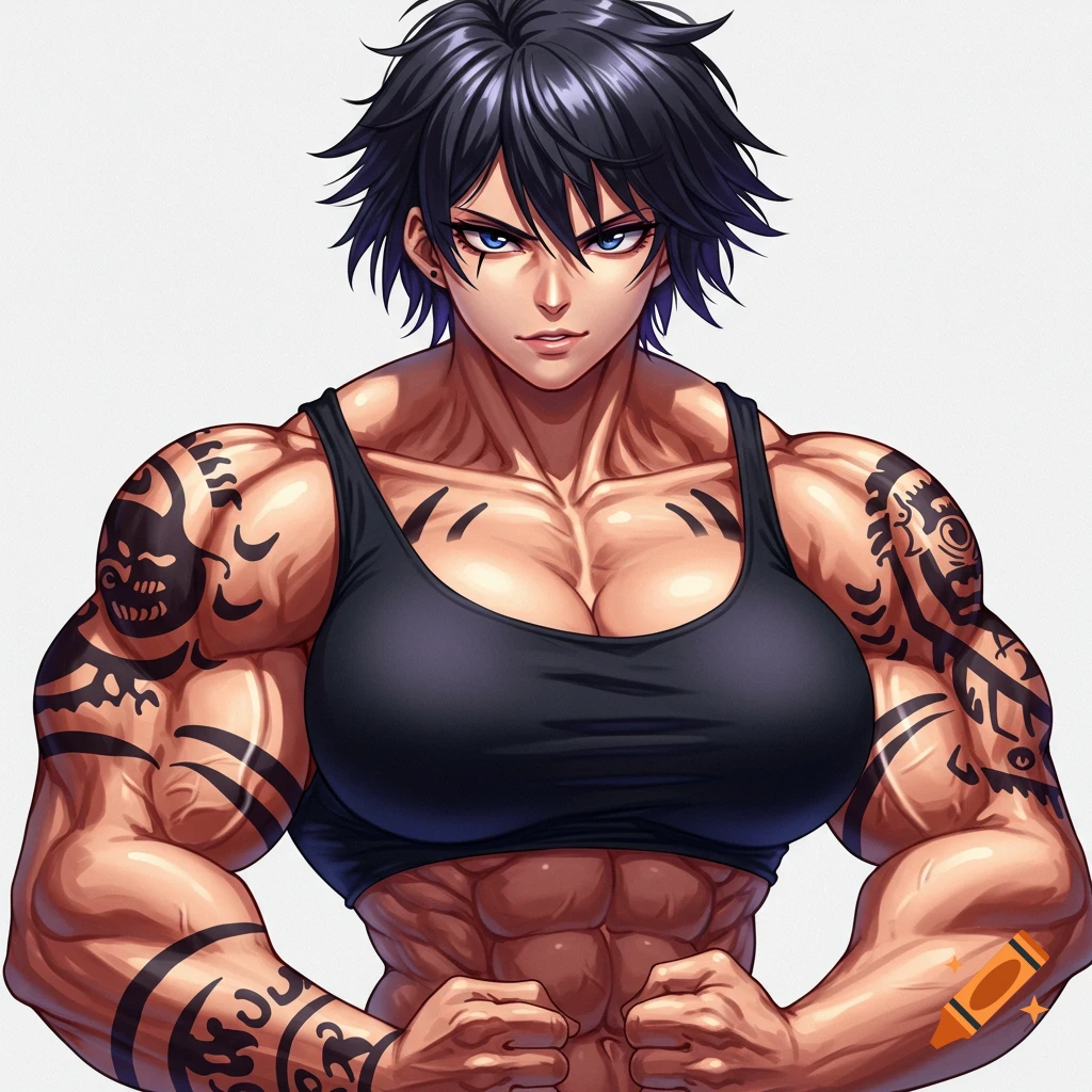 Anime-style muscular woman with short black hair, blue eyes, and tattoos, wearing a tank top, flexing.