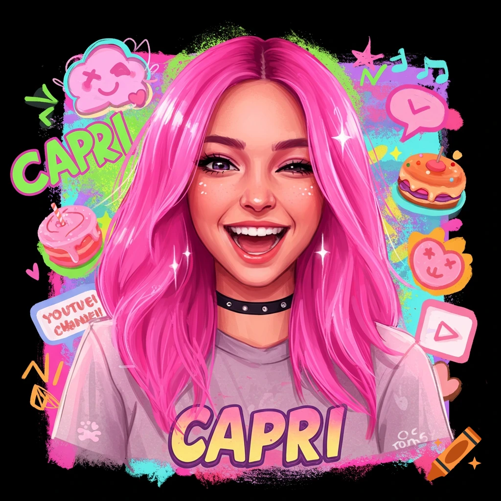Vibrant portrait of a smiling girl with pink hair surrounded by cartoon icons and text 'CAPRI'.