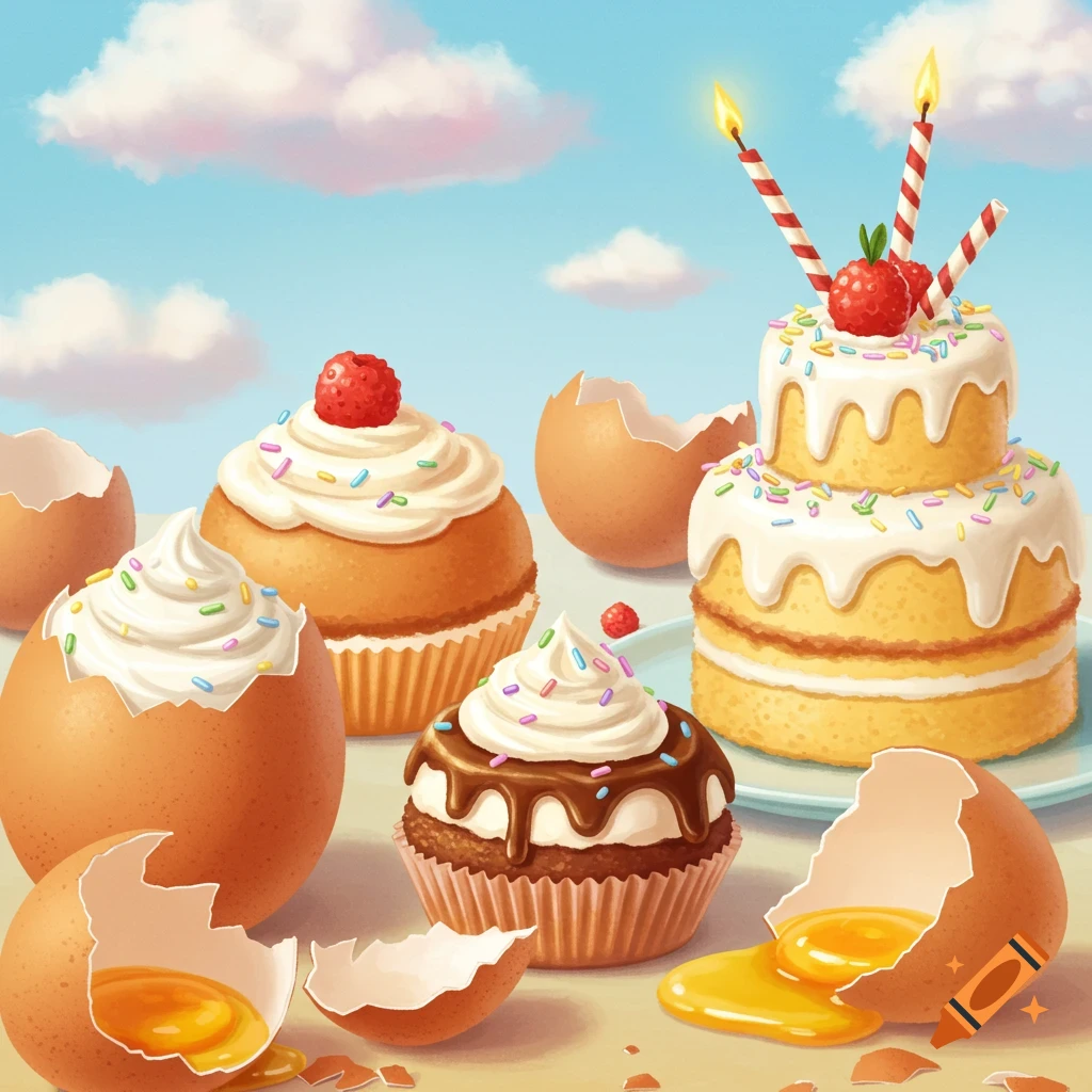 Birthday cake, cupcakes, and broken eggshells with yolks.
