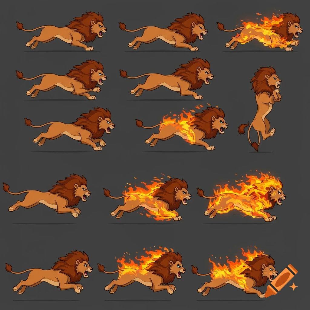 Cartoon lion sprite sheet showing running, jumping, and fiery poses.