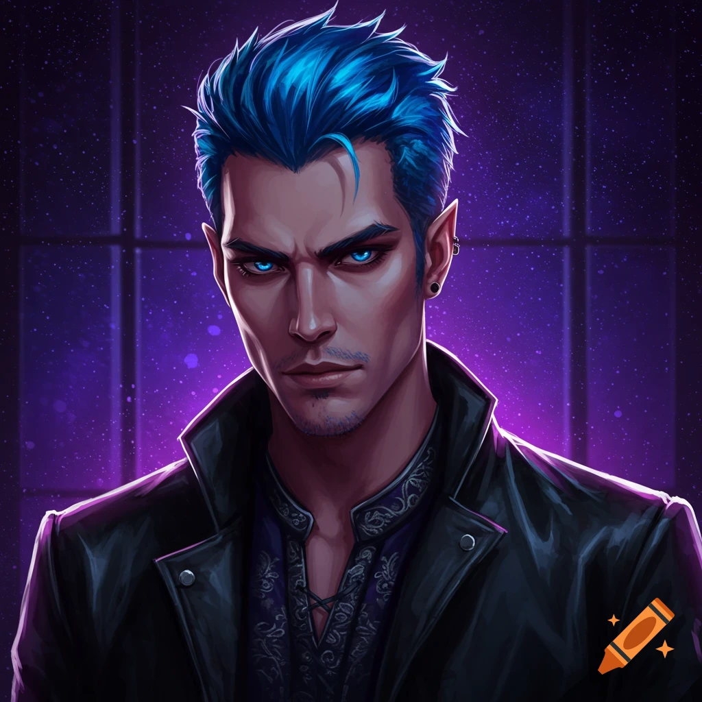 Portrait of a man with bright blue hair and eyes in a leather jacket