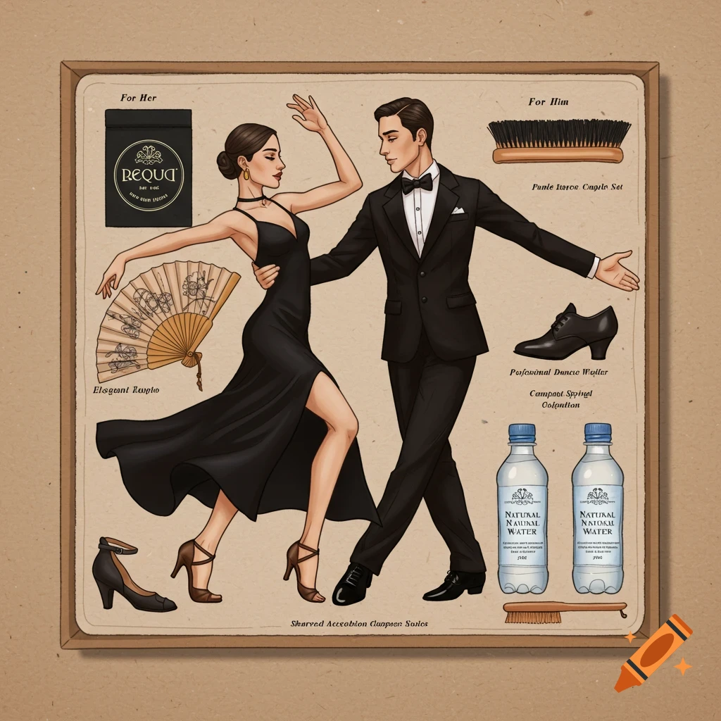 Illustration of a dancing couple in formal wear surrounded by dance-related items.
