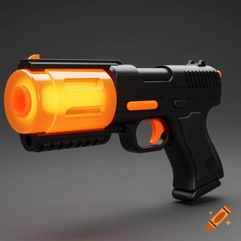 3D render of a black toy gun with a glowing orange barrel and orange trigger
