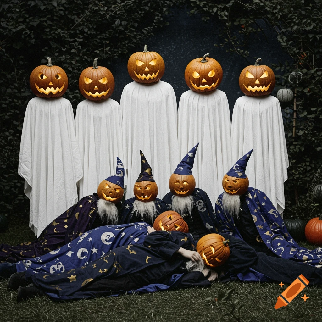 A group of figures in ghost and wizard costumes with carved pumpkin heads pose outdoors for Halloween.