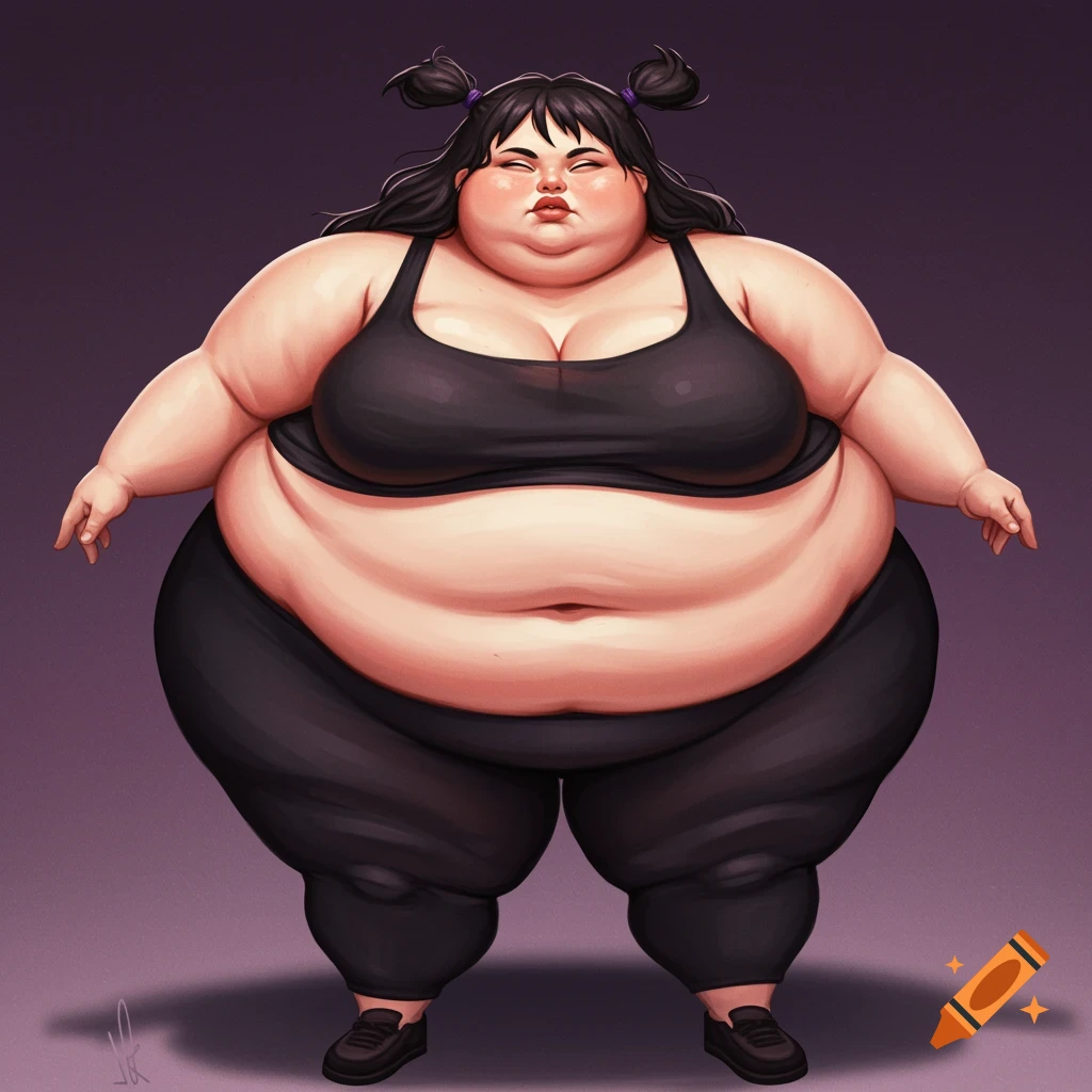 An obese woman wearing a black sports bra and leggings.