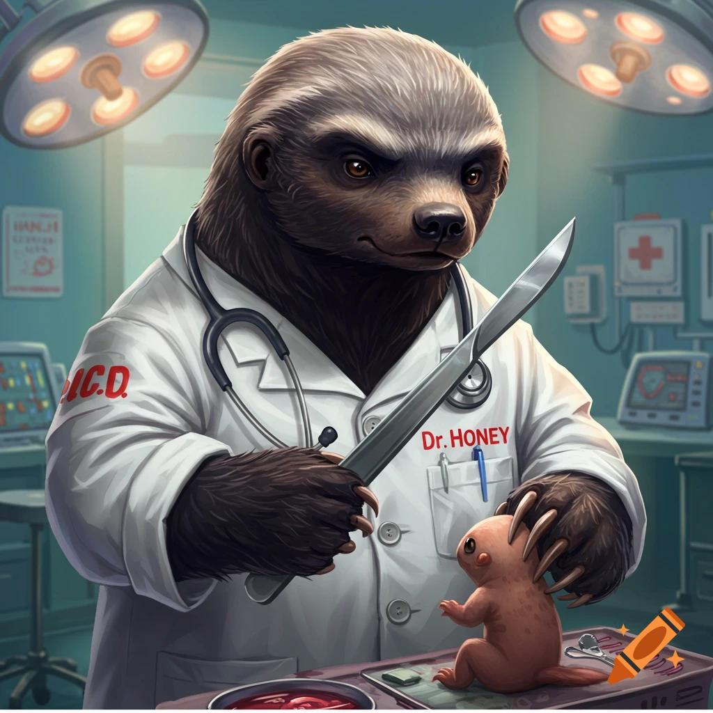Honey badger veterinarian in a surgical room holding a scalpel over a small creature.