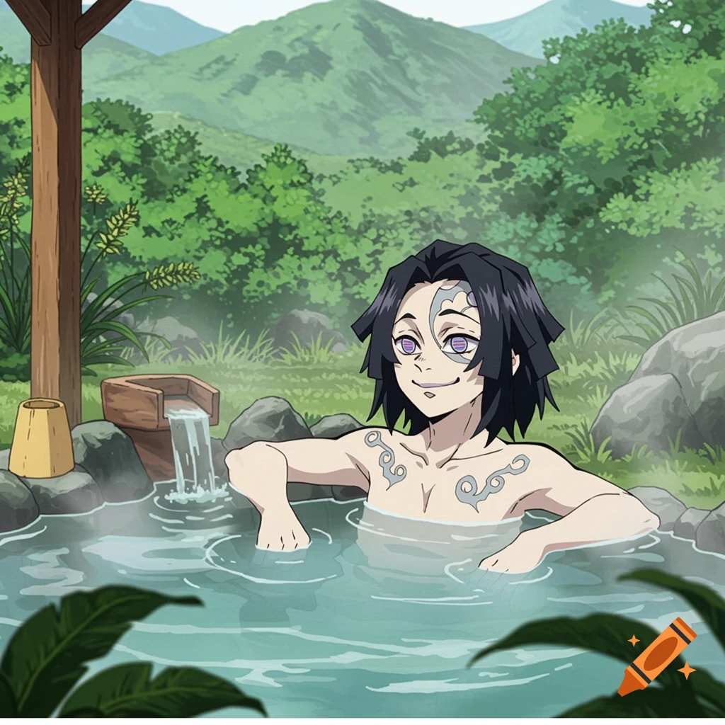 An anime character, Enmu from Demon Slayer, relaxes in an outdoor hot spring with mountains and greenery in the background.
