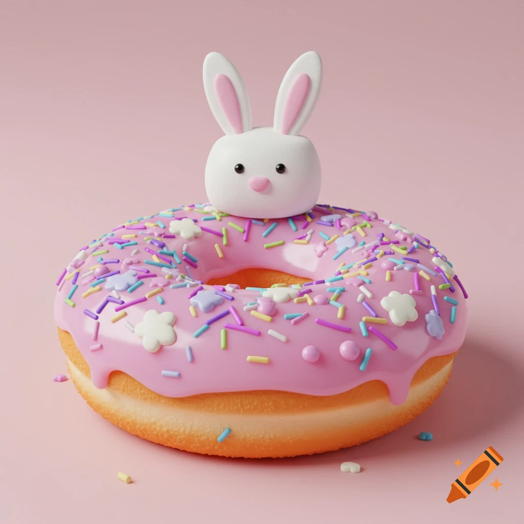 A pink iced donut with colorful sprinkles and a white bunny head on top.