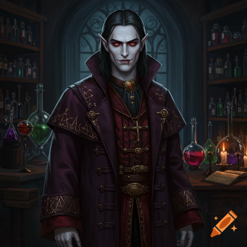 A vampire in purple apothecary robes standing in a lab.