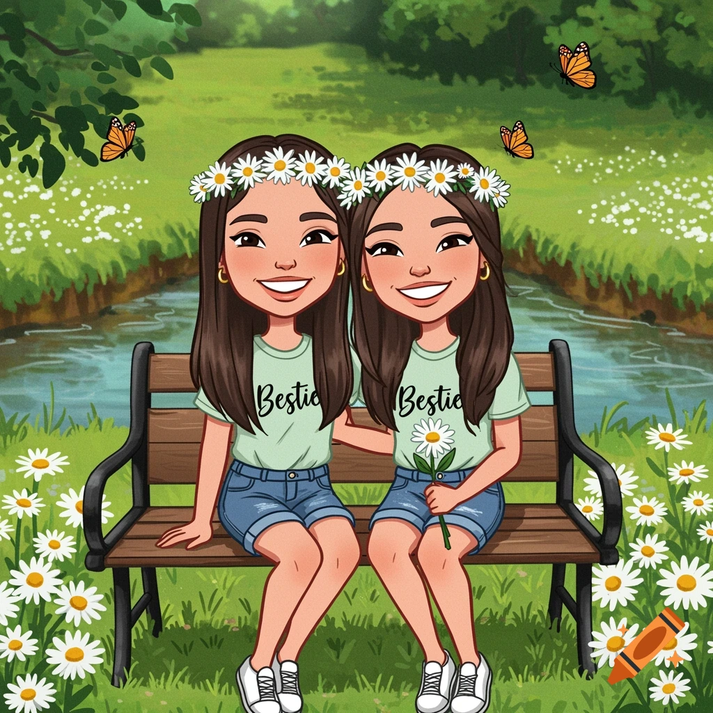 Cartoon illustration of two smiling girls wearing Bestie shirts and daisy crowns, sitting on a park bench in a field of daisies by a stream.