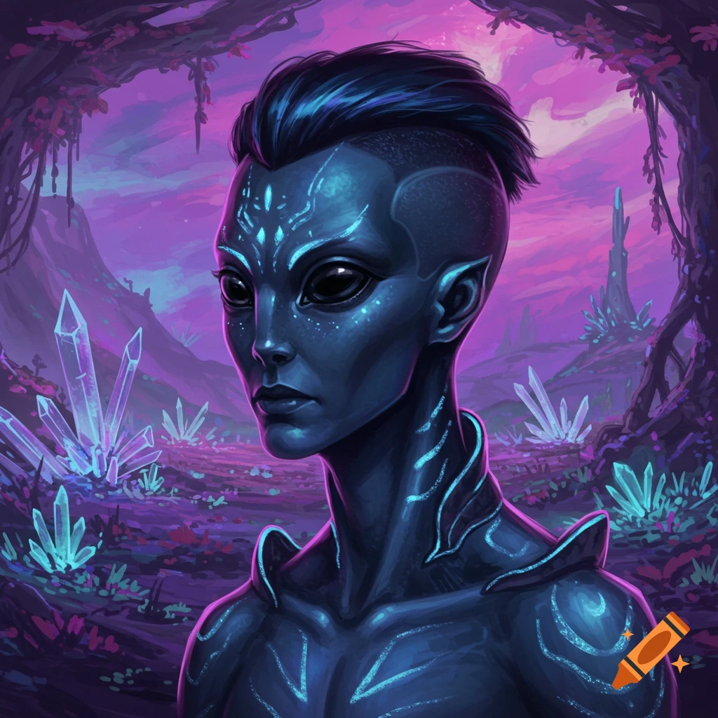 An alien stands in a fantasy landscape with glowing crystals.