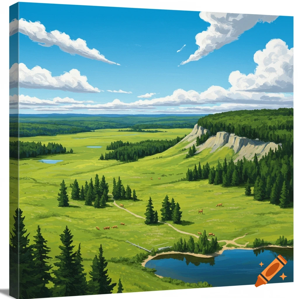 A vibrant national park landscape with a green valley, lake, trees, cliffs, deer, and a bright blue sky with clouds.
