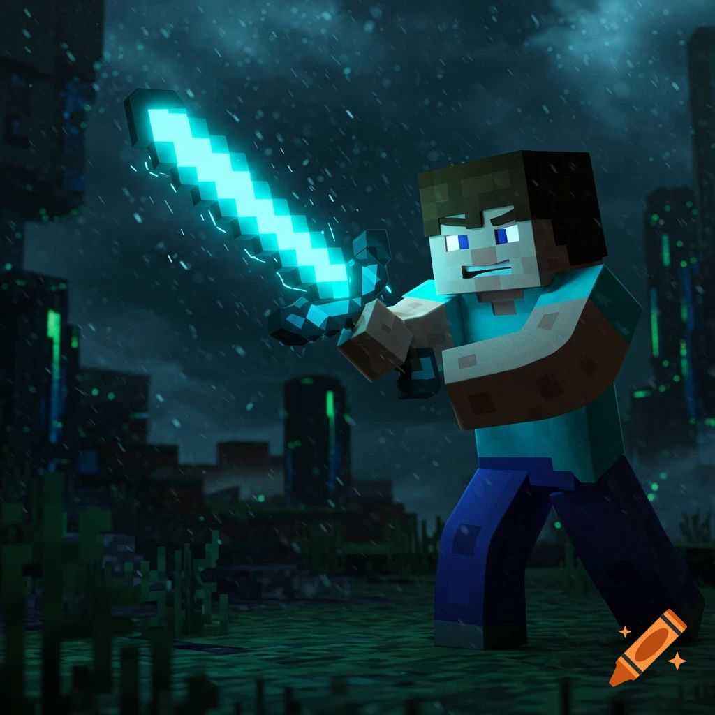 Minecraft character Steve holds a glowing blue sword in the rain with futuristic buildings in the background.