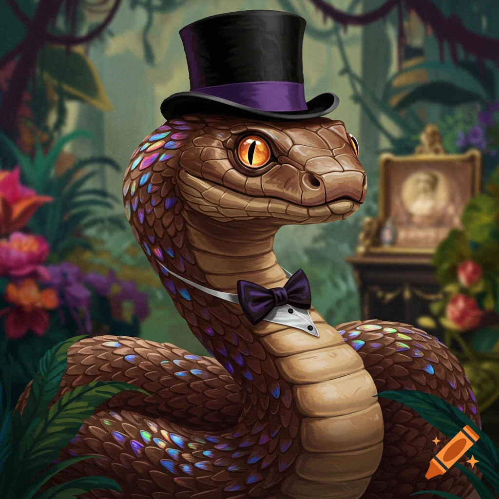 A snake in a top hat and bowtie in a jungle setting.
