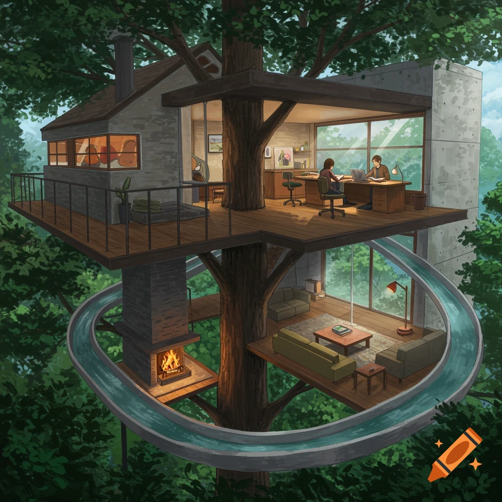 A multi-level treehouse with large windows, working people, a fireplace, and a waterslide wrapping around the tree trunk.