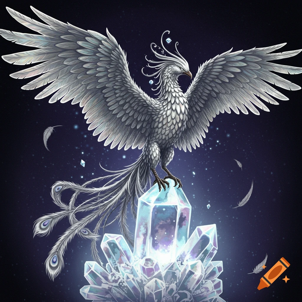 A silver phoenix with wings spread stands on glowing crystals against a starry background.