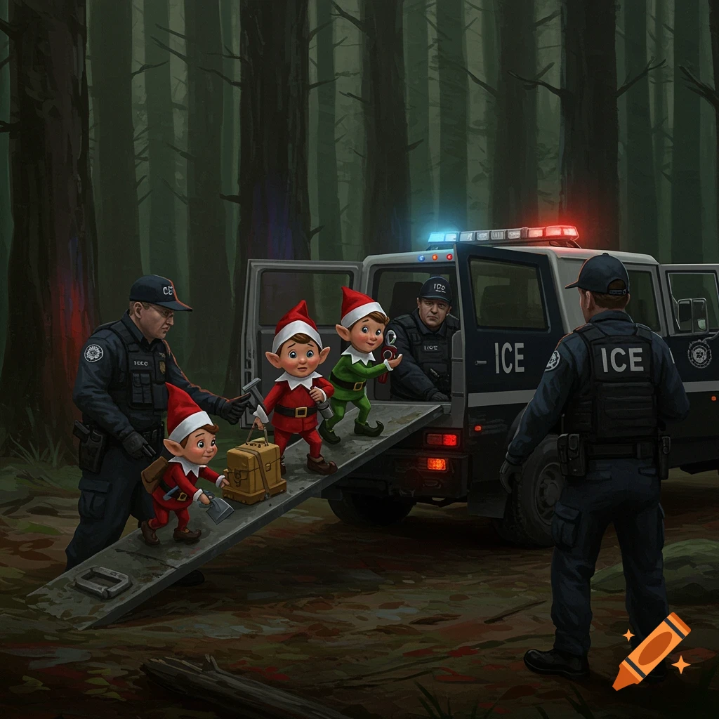 Elves being loaded into an ICE vehicle by agents in a dark forest, satirical style.