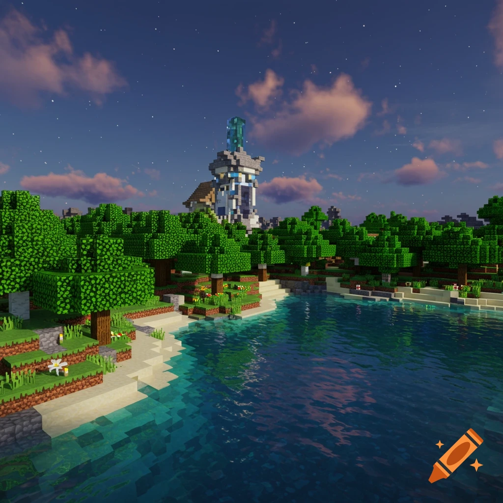 A blocky Minecraft landscape featuring a lake, beach, trees, and a tall structure under a starry sky.