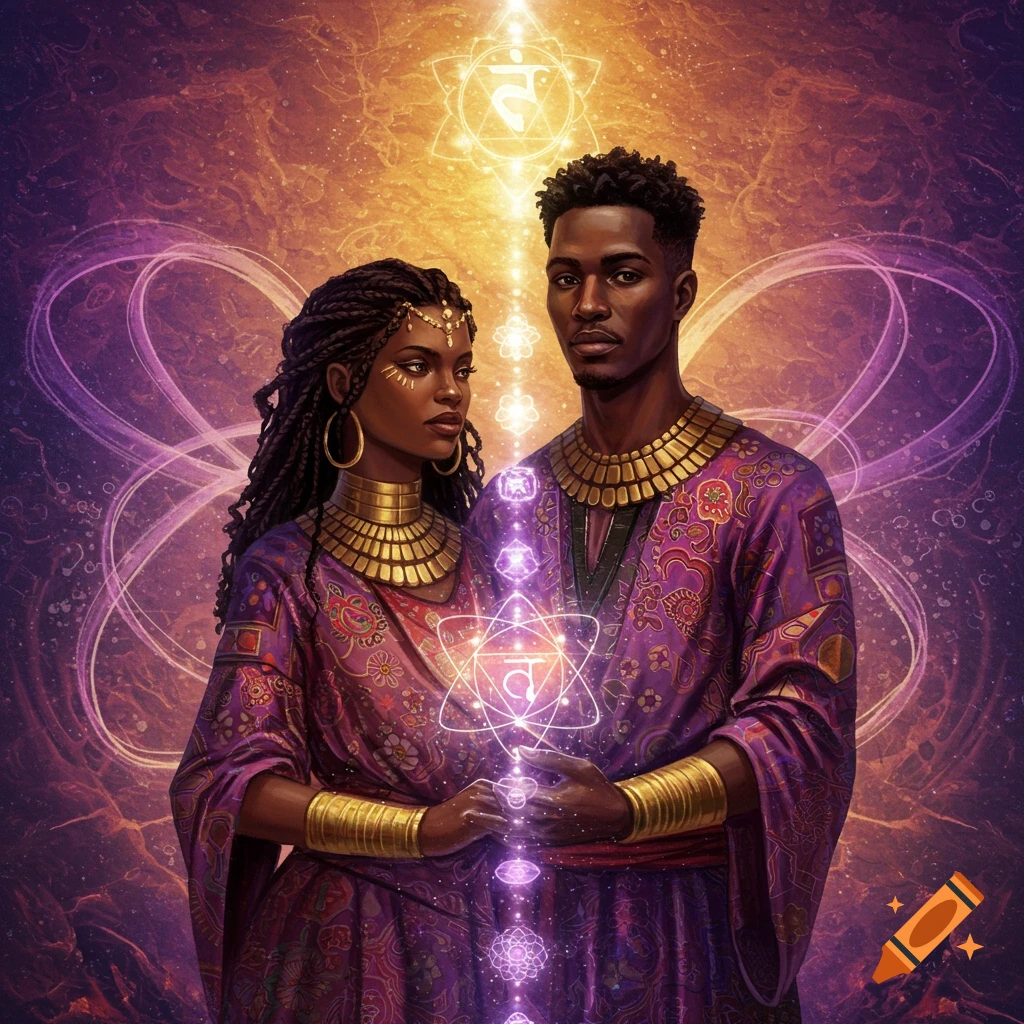 Two people wearing purple and gold robes stand amidst swirling purple light and glowing chakra symbols.