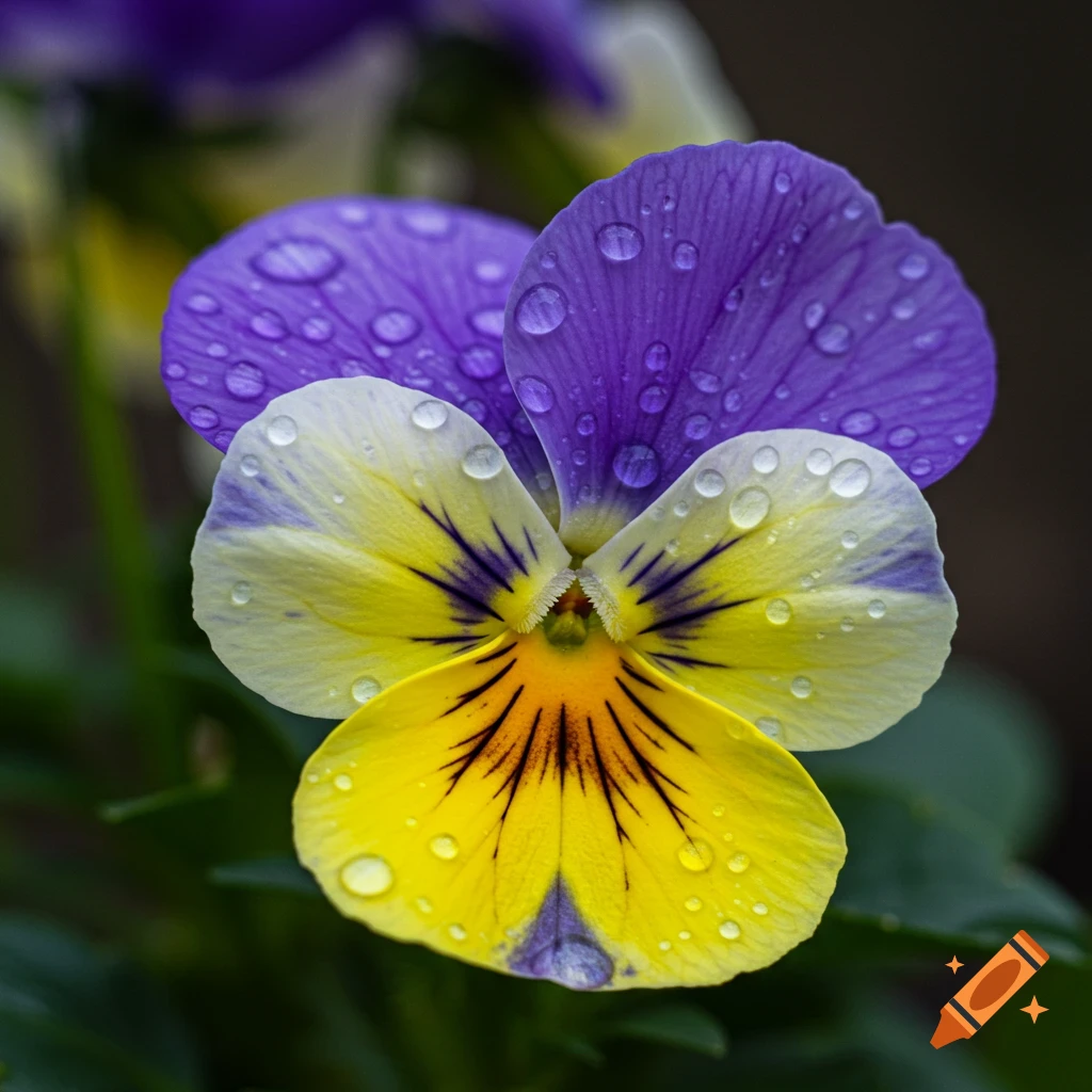 Close-up of a pansy flower with purple, yellow, and white petals covered in water droplets.