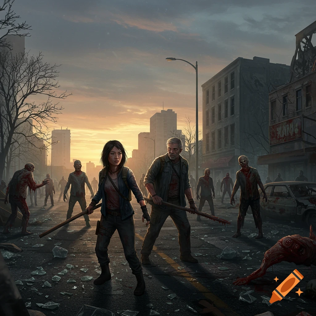 A man and woman fighting off zombies in a ruined city street at sunset.