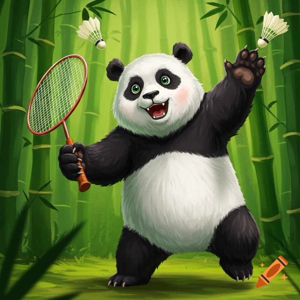 A cute panda playing badminton in a bamboo forest.