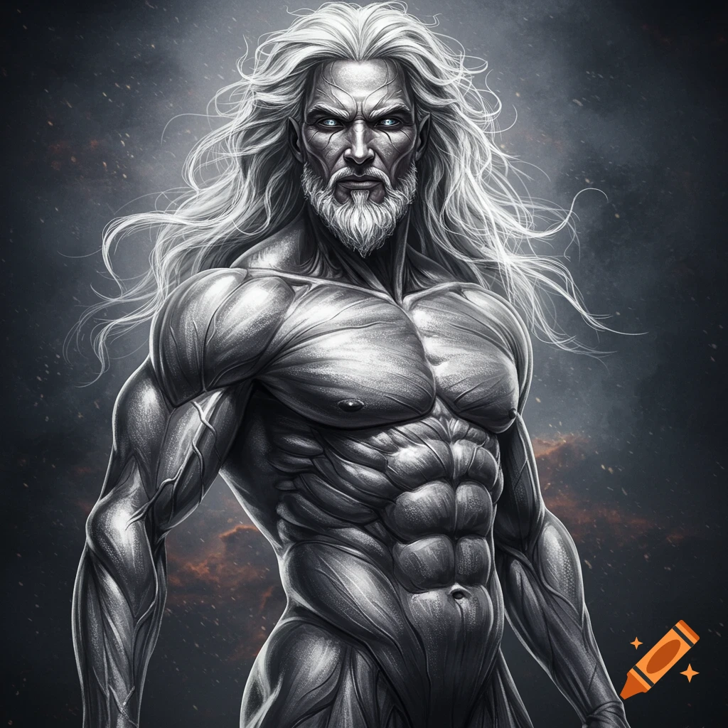 A muscular man with long white hair and beard.