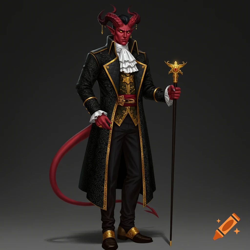 A red-skinned tiefling noble in black and gold formal wear holding a staff.