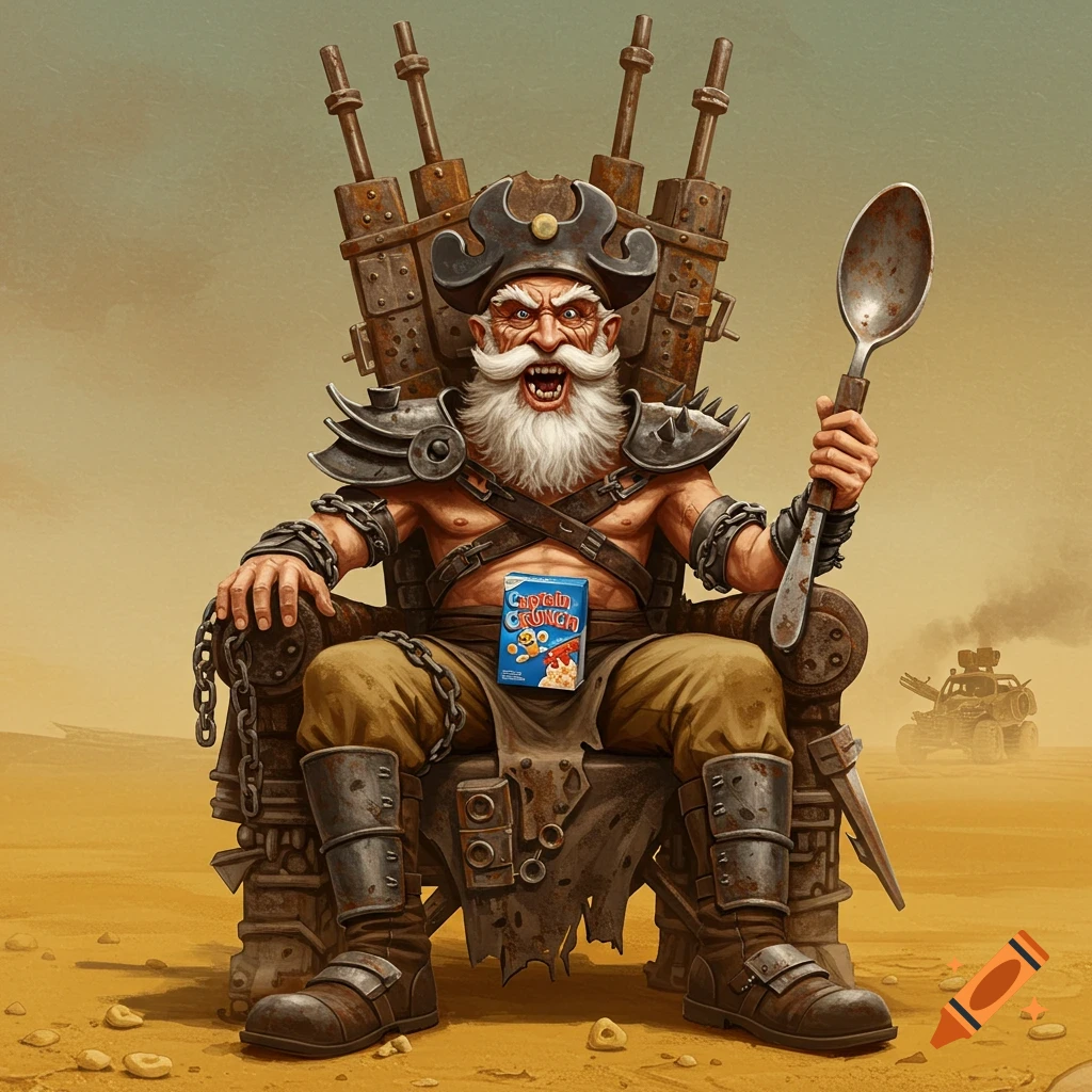 A depiction of Captain Crunch as Immortan Joe sitting on a throne with a box of cereal and a spoon in a desert wasteland.