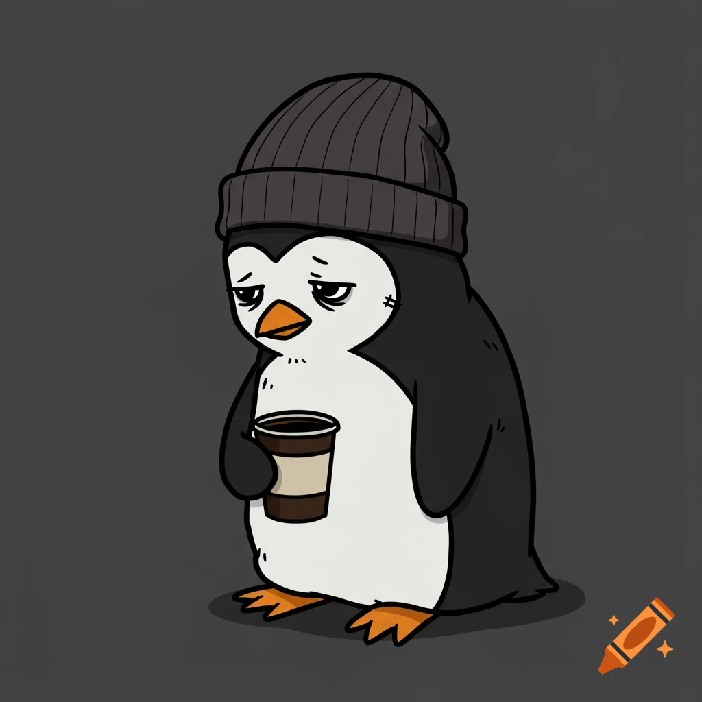 Cartoon penguin wearing a beanie, looking sad and holding a coffee cup