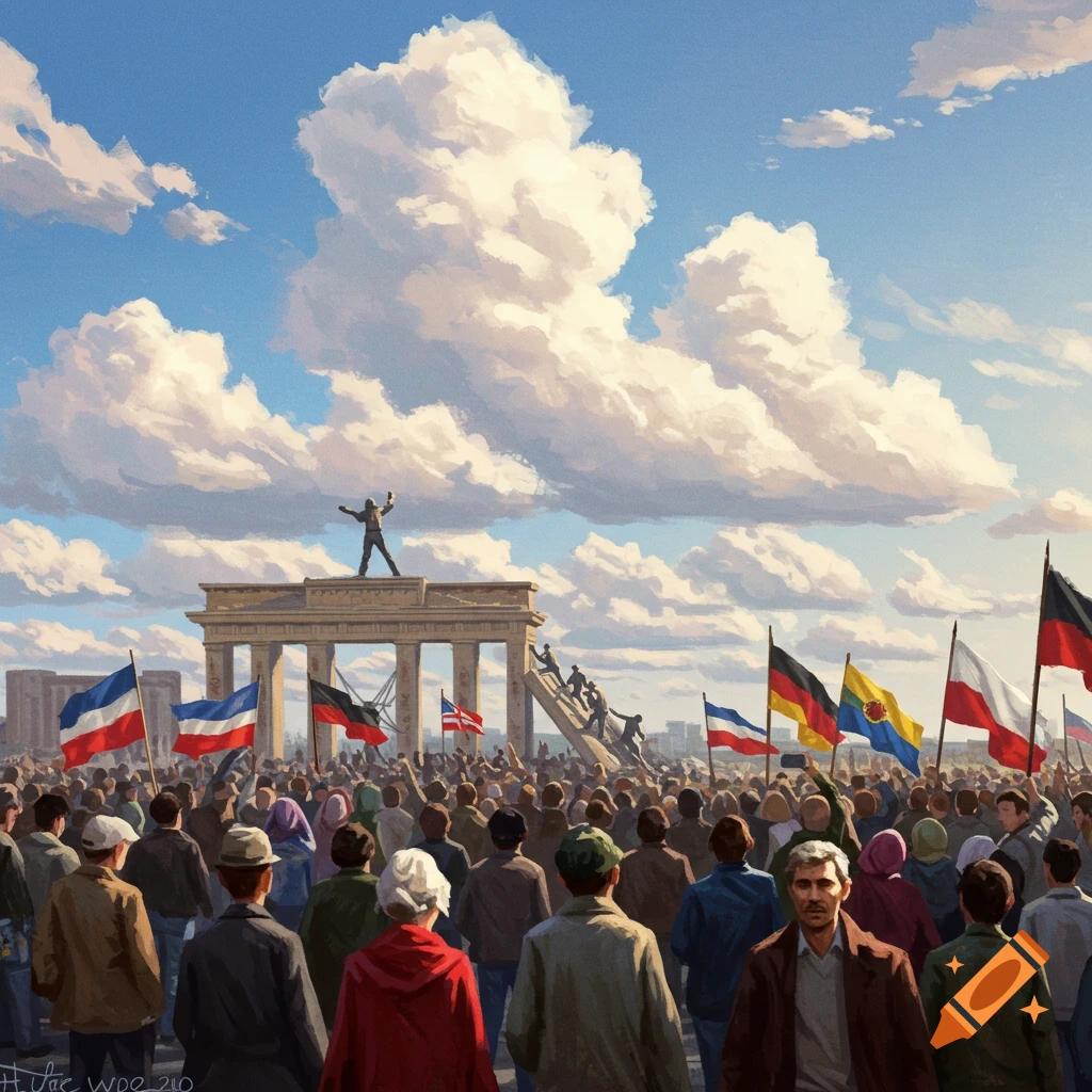 A crowd gathered at a gate, people climbing, with flags flying under a cloudy sky.