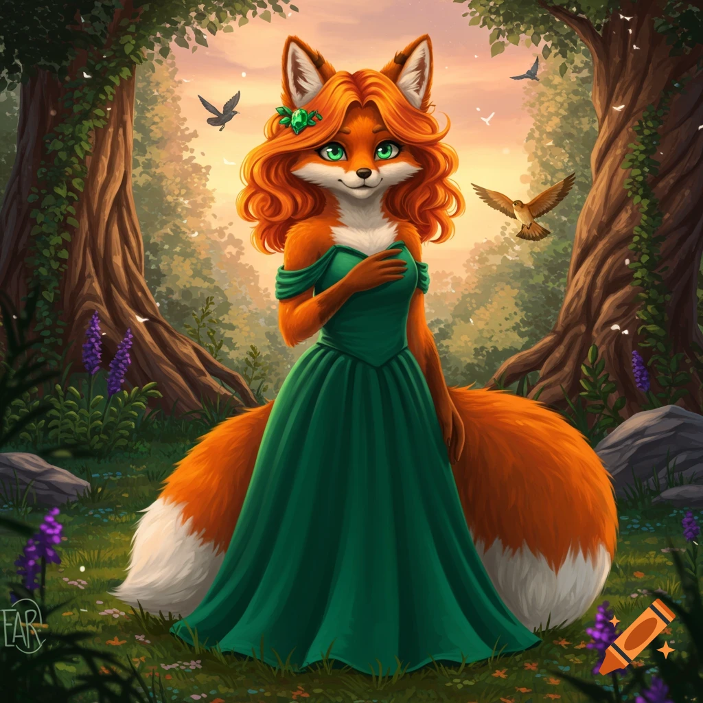 An anthropomorphic fox in a green dress stands in a sunlit forest.