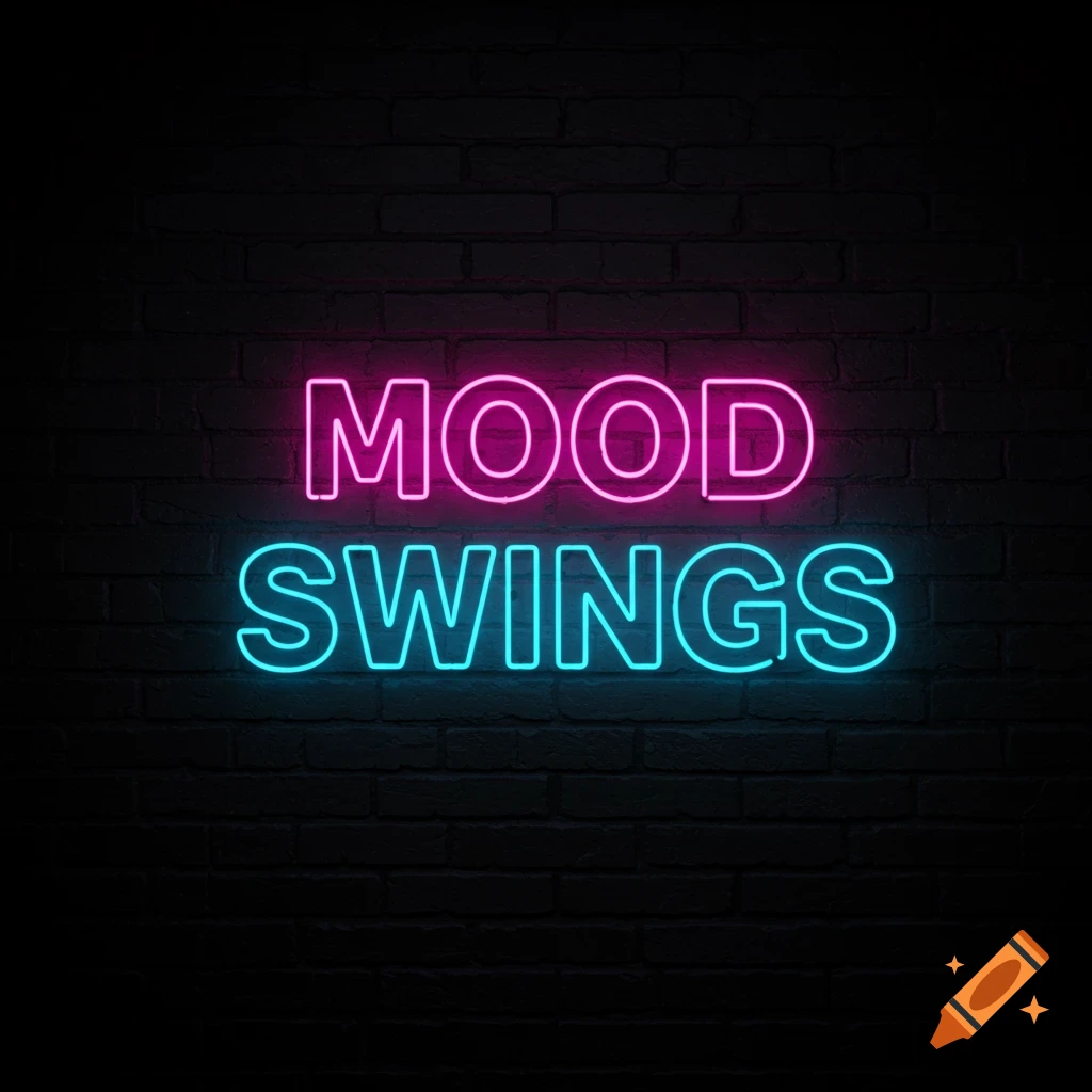 Neon sign displaying 'MOOD SWINGS' on a dark brick wall.
