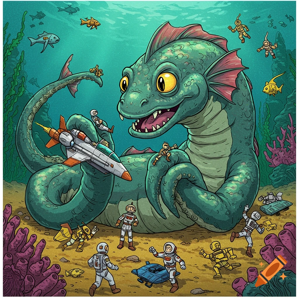 A cartoon illustration of a large green sea monster underwater playing with small astronauts and a spaceship.