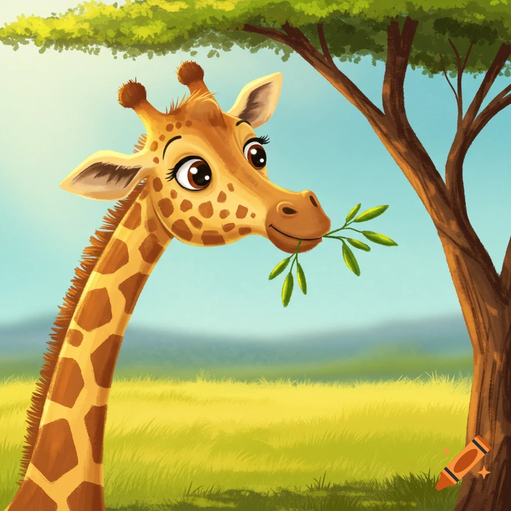 A friendly cartoon giraffe with big eyes is eating leaves from a tree in a savanna.